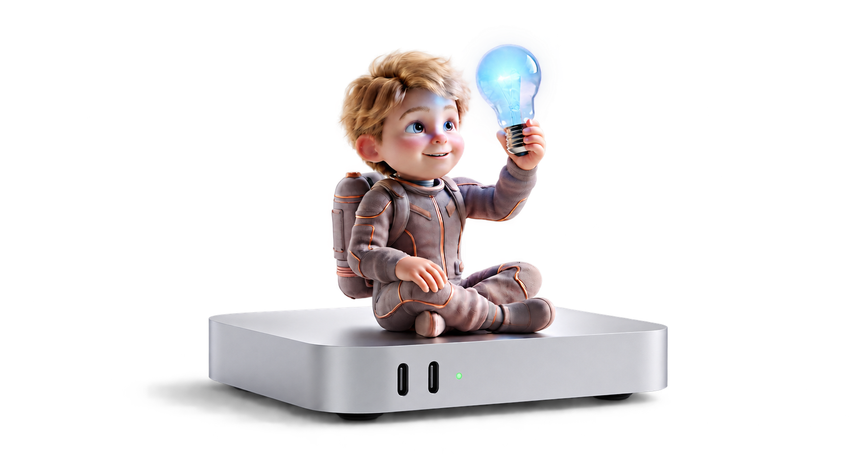 Eine Figur auf einem Mac mini hält eine leuchtende Glühbirne.